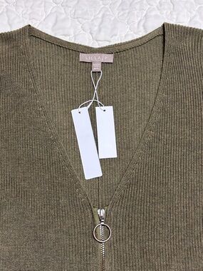 Lilla P Olive Ribbed V-Neck Zip Sweater